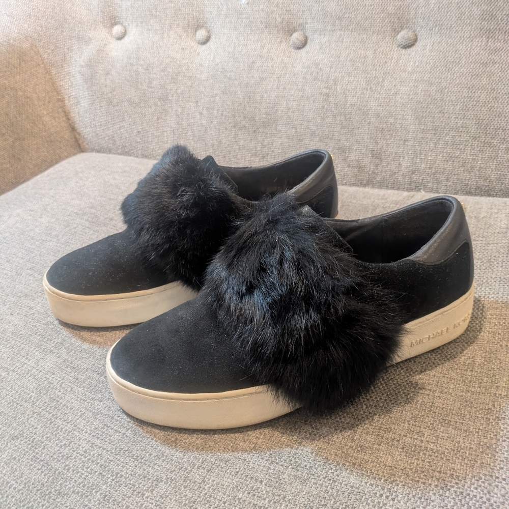 Michael Kors Black Faux Fur Slip-On Sneakers Size 7.5 Color Black